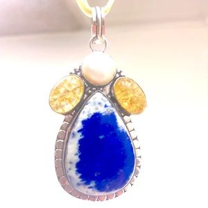 Sterling Silver Lapis Lazuli, Biwa Pearl & Snakeskin Quartz